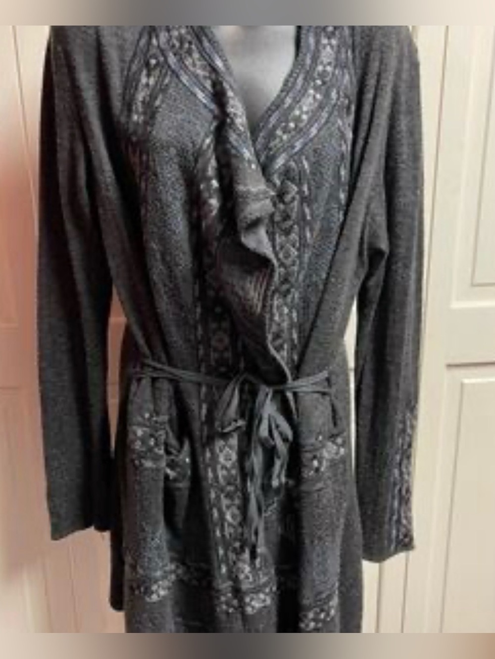 Johnny Was BIYA Charcoal Gray embroidered Open-Front Women's Cardigan